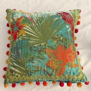 Pier 1 Tropical embroidered Floral Throw Pillow with Parrot & Pom Poms